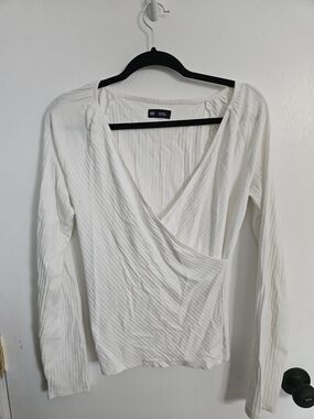 GAP Ivory Ribbed Wrap-Style Long Sleeve Top